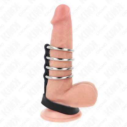 KINK - 4 METALEN PENISRINGEN VAN 3.8 CM, VERBONDEN MET LEREN RIEM 22 X 1.5 CM EN DRUKSLUITING