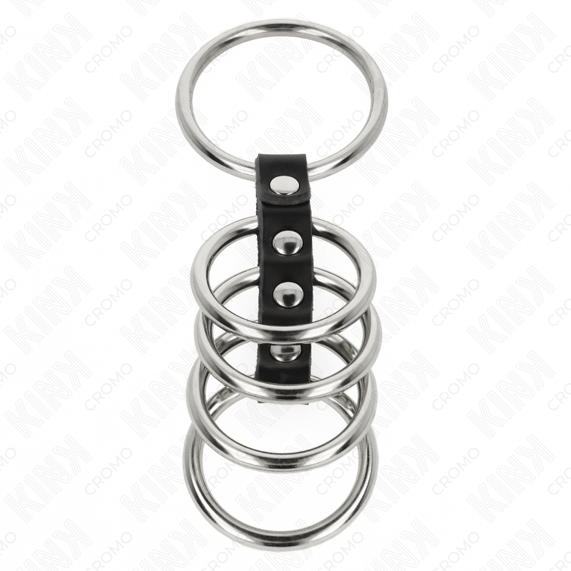 KINK - 5 METALEN PENISRINGEN VAN 3.7 CM TOT 5 CM, VERBONDEN DOOR LEREN