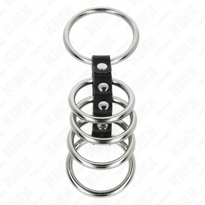 KINK - 5 METALEN PENISRINGEN VAN 3.7 CM TOT 5 CM, VERBONDEN DOOR LEREN