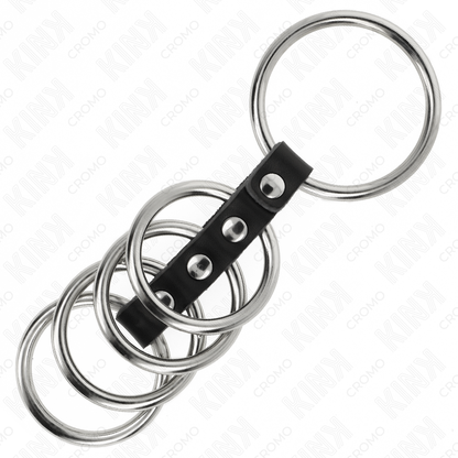 KINK - 5 METALEN PENISRINGEN VAN 3.7 CM TOT 5 CM, VERBONDEN DOOR LEREN