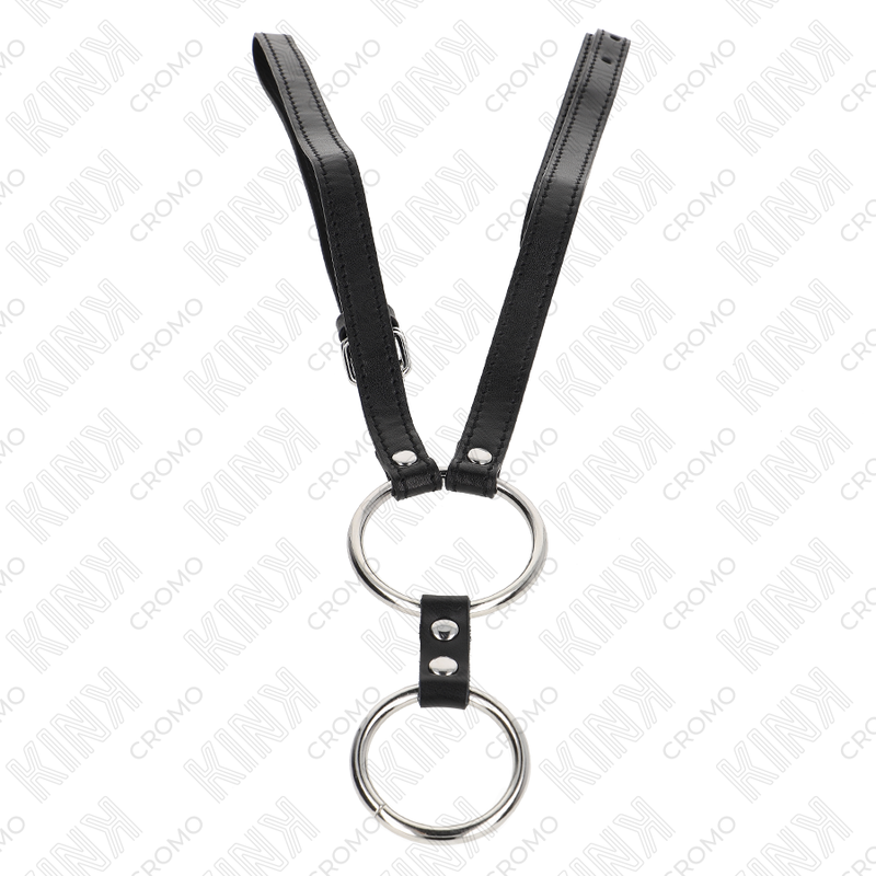 KINK - DUBBELE METALEN PENISRING VAN 3.8 CM TOT 5 CM MET LEREN RIEM VAN 112 CM